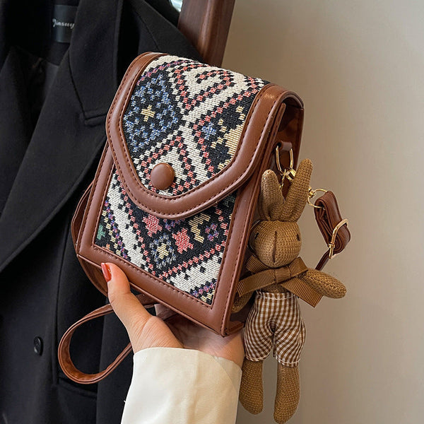 Black Boho Chic Pu Leather Crossbody Phone Purse With Cute Rabbit Pendant Stylish Multi Functional Compact Square Bag Women's Bags & Handbags