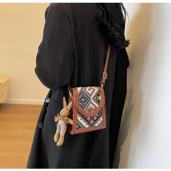Black Boho Chic Pu Leather Crossbody Phone Purse With Cute Rabbit Pendant Stylish Multi Functional Compact Square Bag Women's Bags & Handbags