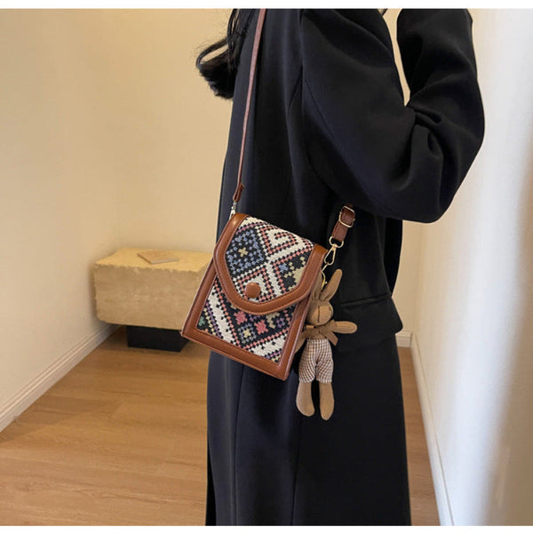 Black Boho Chic Pu Leather Crossbody Phone Purse With Cute Rabbit Pendant Stylish Multi Functional Compact Square Bag Women's Bags & Handbags