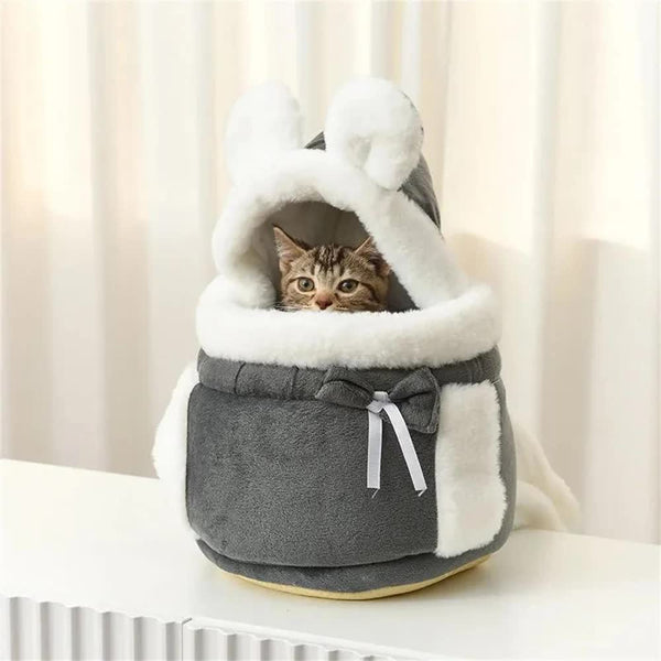 Grey 2 In 1 Ultra Soft Plush Pet Carrier & Mobile Bed Portable Lightweight Cute Cat Ear Design Travel Cabin (L 33 X 25 27Cm) Pet Transport