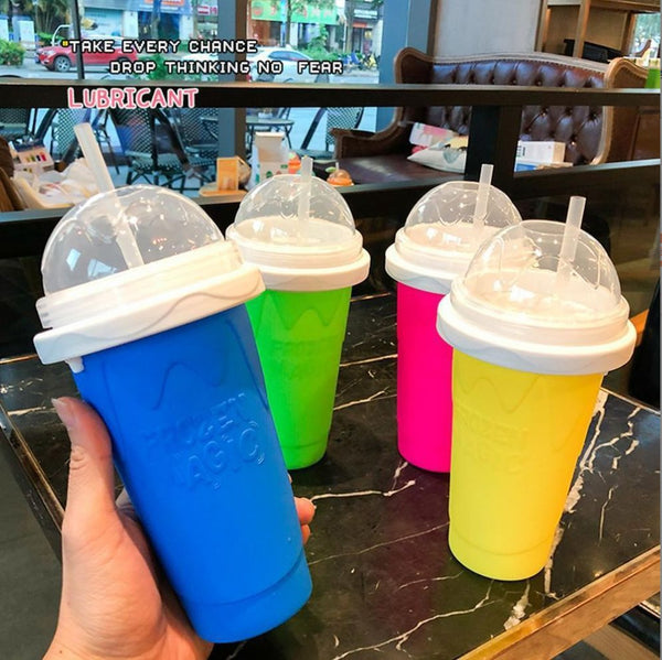 Pink Instant Diy Slushie Squeeze Maker Cup Food Grade Silicone Double Layer Cooling Smoothie With 2 1 Straw & Spoon Slushie Makers