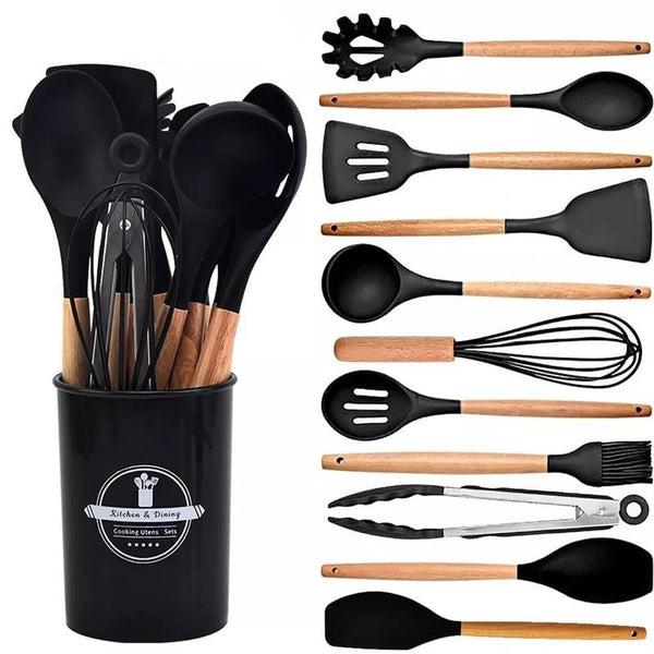 12 Piece Black Heat Resistant Silicone With Wooden Handles And Box Non Stick Scratch Free Kitchen Tool Cooking Utensils