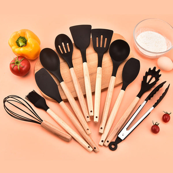 12 Piece Black Heat Resistant Silicone With Wooden Handles And Box Non Stick Scratch Free Kitchen Tool Cooking Utensils