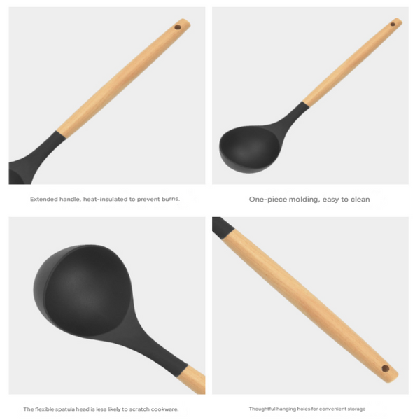12 Piece Black Heat Resistant Silicone With Wooden Handles And Box Non Stick Scratch Free Kitchen Tool Cooking Utensils