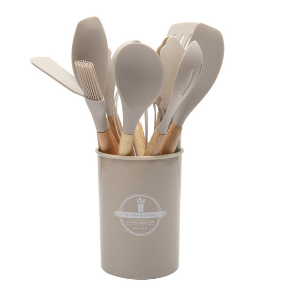 12 Piece Khaki Heat Resistant Silicone With Wooden Handles And Box Non Stick Scratch Free Kitchen Tool Cooking Utensils
