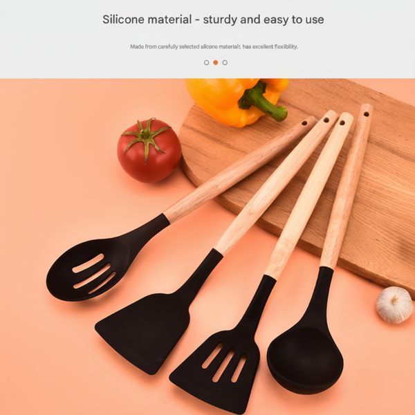 12 Piece Khaki Heat Resistant Silicone With Wooden Handles And Box Non Stick Scratch Free Kitchen Tool Cooking Utensils