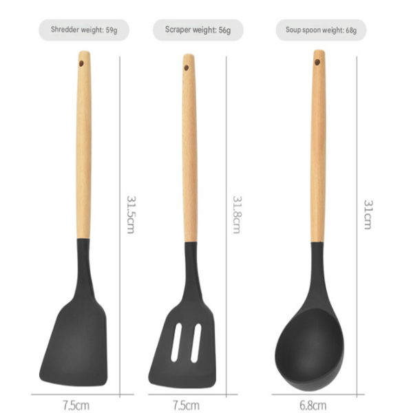 12 Piece Khaki Heat Resistant Silicone With Wooden Handles And Box Non Stick Scratch Free Kitchen Tool Cooking Utensils