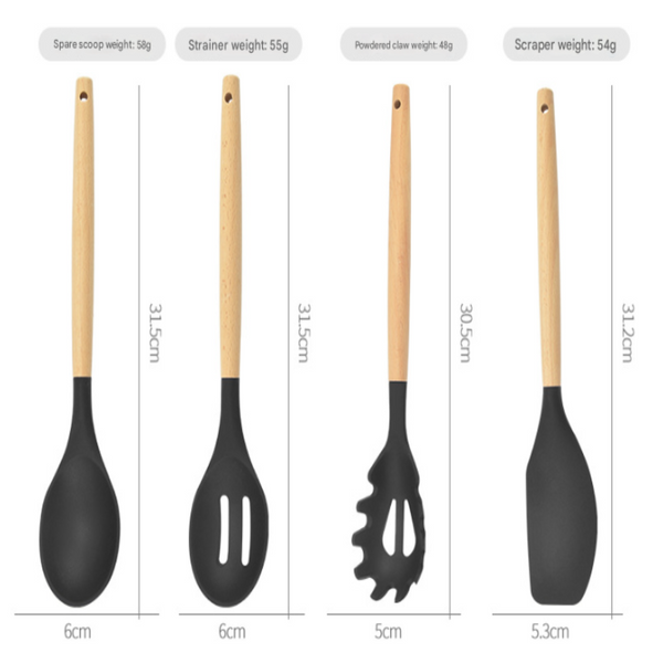 12 Piece Khaki Heat Resistant Silicone With Wooden Handles And Box Non Stick Scratch Free Kitchen Tool Cooking Utensils