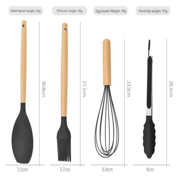 12 Piece Khaki Heat Resistant Silicone With Wooden Handles And Box Non Stick Scratch Free Kitchen Tool Cooking Utensils