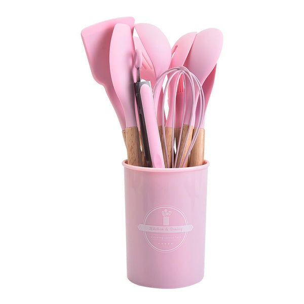 12 Piece Pink Heat Resistant Silicone With Wooden Handles And Box Non Stick Scratch Free Kitchen Tool Cooking Utensils