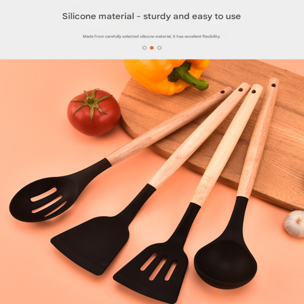 12 Piece Pink Heat Resistant Silicone With Wooden Handles And Box Non Stick Scratch Free Kitchen Tool Cooking Utensils