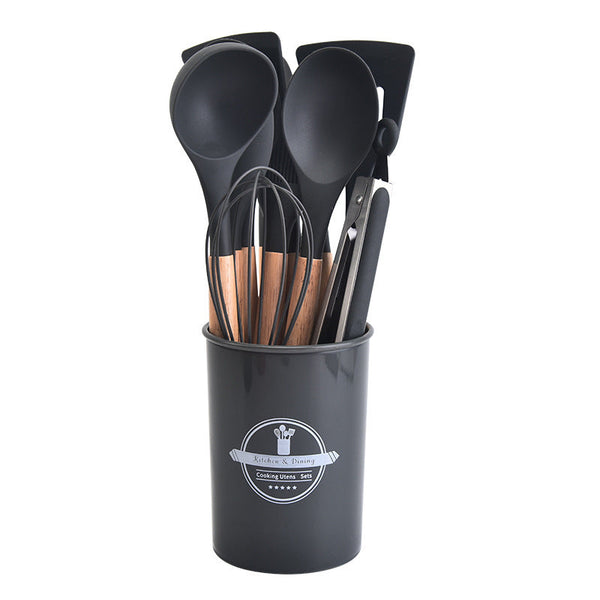 12 Piece Black Heat Resistant Silicone With Wooden Handles And Box Non Stick Scratch Free Kitchen Tool Cooking Utensils