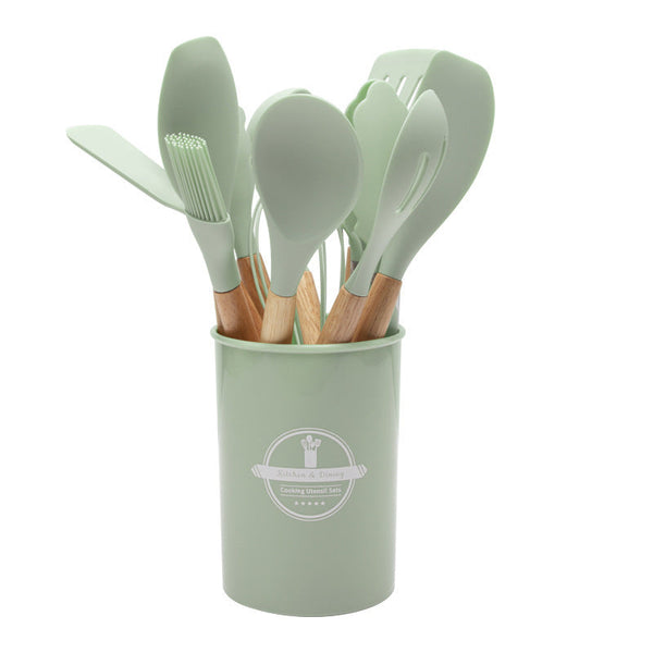 12 Piece Black Heat Resistant Silicone With Wooden Handles And Box Non Stick Scratch Free Kitchen Tool Cooking Utensils