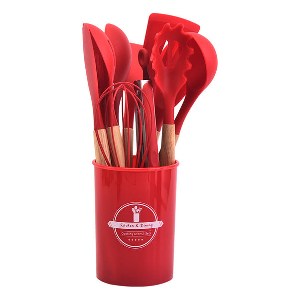 12 Piece Black Heat Resistant Silicone With Wooden Handles And Box Non Stick Scratch Free Kitchen Tool Cooking Utensils