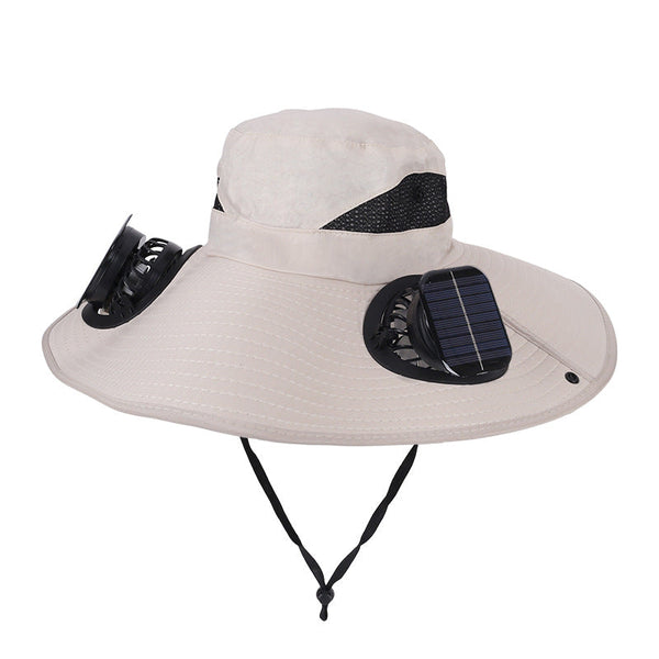 Khaki Dual Turbo Fan Sun Hat With Square Solar Panel & Typec Interface Waterproof 14Cm Wide Brim Cooling For Outdoor Fishing Hiking Camping Hats & Hea