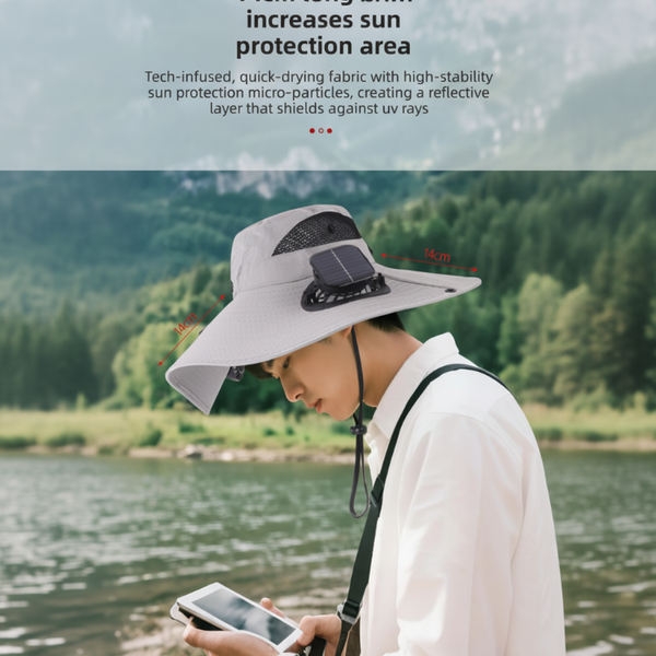 Khaki Dual Turbo Fan Sun Hat With Square Solar Panel & Typec Interface Waterproof 14Cm Wide Brim Cooling For Outdoor Fishing Hiking Camping Hats & Hea