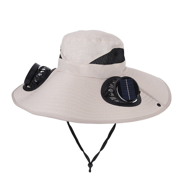 Khaki Dual Turbo Fan Sun Hat With Round Solar Panel & Typec Interface Waterproof 14Cm Wide Brim Cooling For Outdoor Fishing Hiking Camping Hats & Head