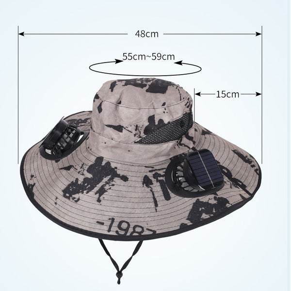 Khaki Dual Turbo Fan Sun Hat With Round Solar Panel & Typec Interface Waterproof 14Cm Wide Brim Cooling For Outdoor Fishing Hiking Camping Hats & Head