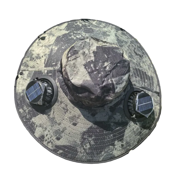 Camouflage Green Dual Turbo Fan Sun Hat With Round Solar Panel & Typec Interface Waterproof 14Cm Wide Brim Cooling For Outdoor Fishing Hiking Camping