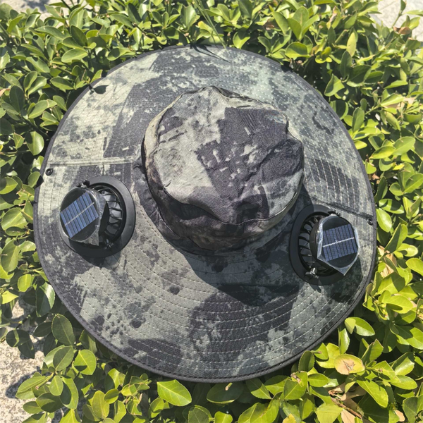 Camouflage Green Dual Turbo Fan Sun Hat With Round Solar Panel & Typec Interface Waterproof 14Cm Wide Brim Cooling For Outdoor Fishing Hiking Camping