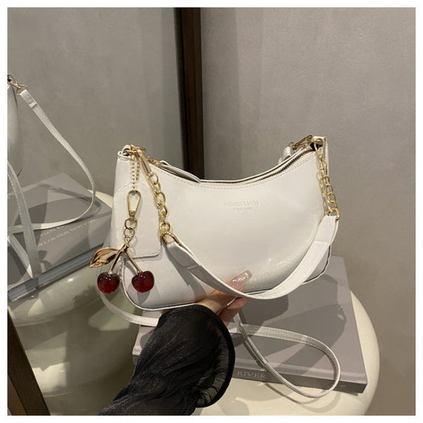 White Chic Glossy Pu Leather Underarm Bag & Crossbody Purse With Cherry Charm Versatile Handbag For Women Women's Bags & Handbags