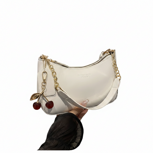 White Chic Glossy Pu Leather Underarm Bag & Crossbody Purse With Cherry Charm Versatile Handbag For Women Women's Bags & Handbags