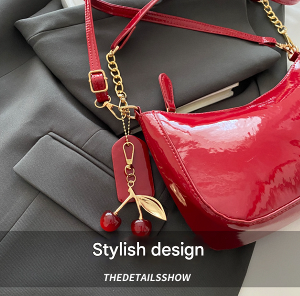 White Chic Glossy Pu Leather Underarm Bag & Crossbody Purse With Cherry Charm Versatile Handbag For Women Women's Bags & Handbags