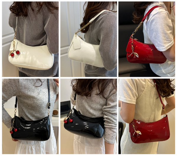 White Chic Glossy Pu Leather Underarm Bag & Crossbody Purse With Cherry Charm Versatile Handbag For Women Women's Bags & Handbags