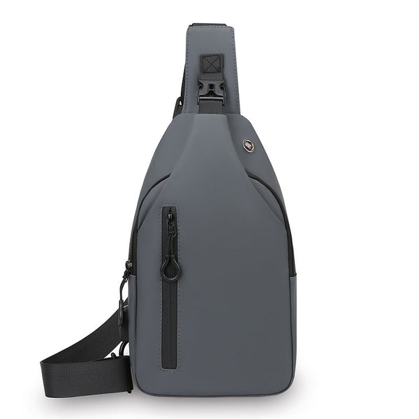 Grey Waterproof Unisex Chest Bag With Usb Charging & Headphone Port 3 Layer Large Capacity Pu Leather Crossbody Bags