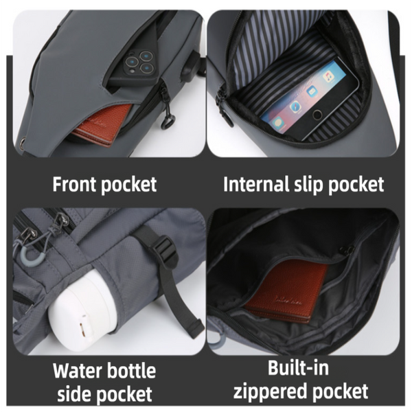 Grey Waterproof Unisex Chest Bag With Usb Charging & Headphone Port 3 Layer Large Capacity Pu Leather Crossbody Bags