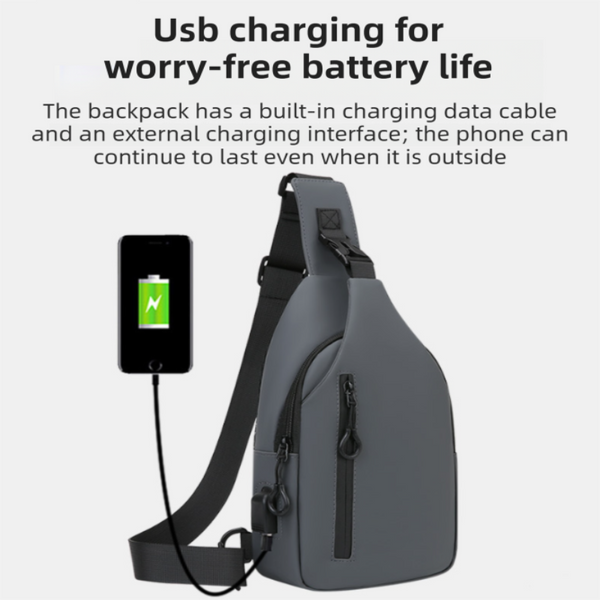 Grey Waterproof Unisex Chest Bag With Usb Charging & Headphone Port 3 Layer Large Capacity Pu Leather Crossbody Bags