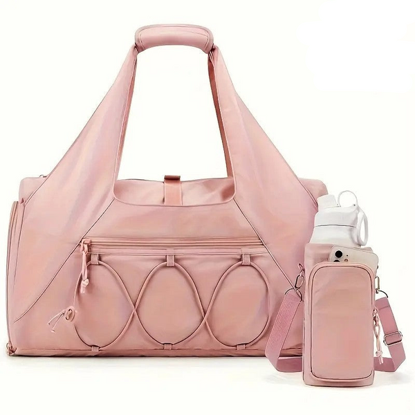 Pink High Capacity Yoga Gym Duffel Set With Bonus Bottle Phone Pouch Separate Shoe Compartment & Mat Strap Gym Bags