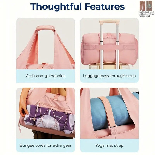 Pink High Capacity Yoga Gym Duffel Set With Bonus Bottle Phone Pouch Separate Shoe Compartment & Mat Strap Gym Bags