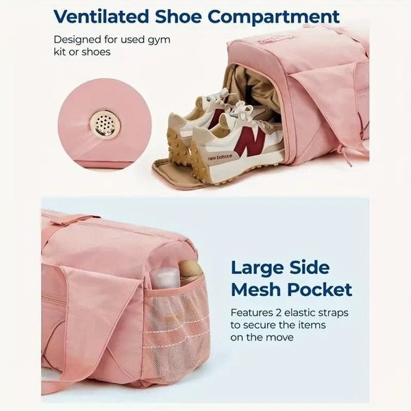 Pink High Capacity Yoga Gym Duffel Set With Bonus Bottle Phone Pouch Separate Shoe Compartment & Mat Strap Gym Bags