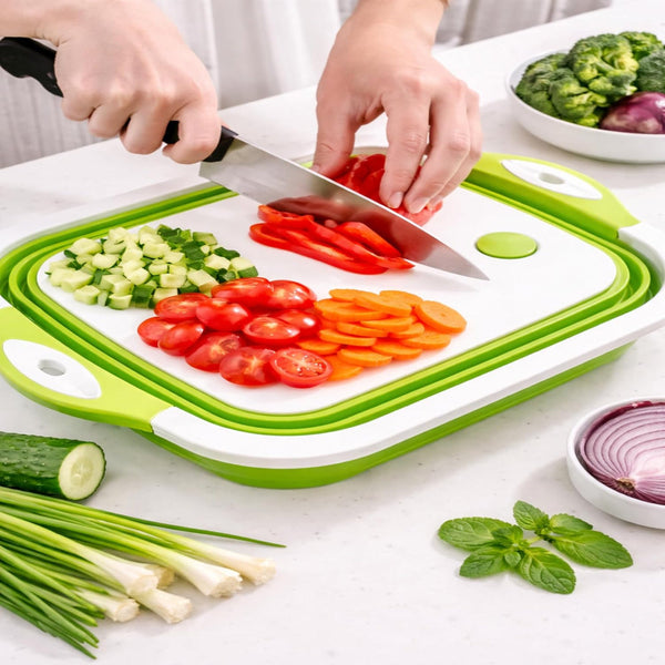 3 In 1 Green Collapsible Cutting Board & Drain Basin Storage Tub Portable Multifunctional Food Grade Basket(37X27x12cm) Choppers