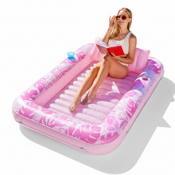 180X118cm Pink Deluxe Inflatable Suntan Tub & Floating Pool Lounger With Dual Integrated Cup Holders And Pillow Portable Sunbathing For Lawn Water Lou