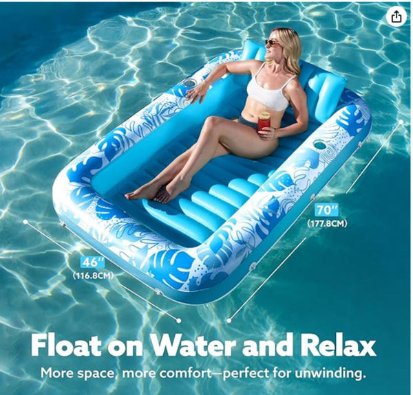 180X118cm Pink Deluxe Inflatable Suntan Tub & Floating Pool Lounger With Dual Integrated Cup Holders And Pillow Portable Sunbathing For Lawn Water Lou