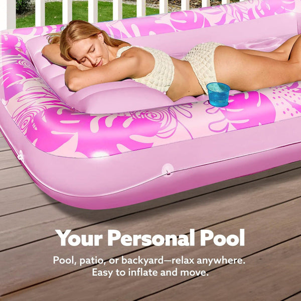 180X118cm Pink Deluxe Inflatable Suntan Tub & Floating Pool Lounger With Dual Integrated Cup Holders And Pillow Portable Sunbathing For Lawn Water Lou