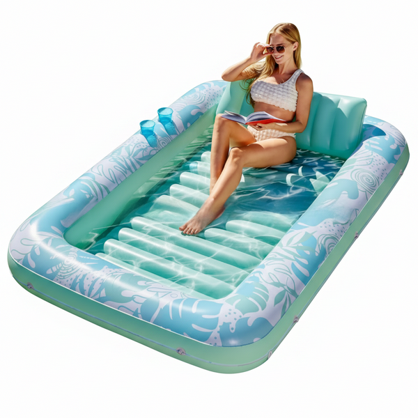 180X118cm Pink Deluxe Inflatable Suntan Tub & Floating Pool Lounger With Dual Integrated Cup Holders And Pillow Portable Sunbathing For Lawn Water Lou
