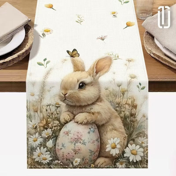 33 X 183 Cm Festive Easter Linen Table Runner Cartoon Bunny And Stain Resistant Primitive Home Decor (Style 2) Table Runners