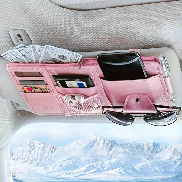 Pink Premium Leather Car Sun Visor Organizer Secure Zippered Storage Pouch With Card Document & Eyewear Clip Sun Visors
