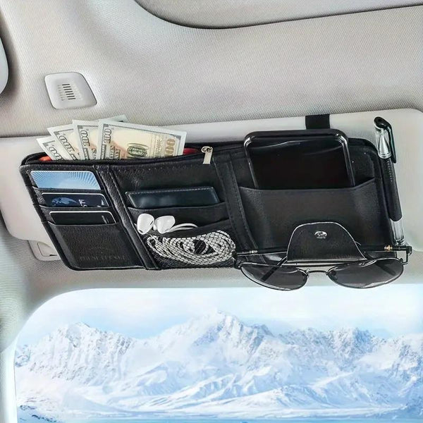 Black Premium Leather Car Sun Visor Organizer Secure Zippered Storage Pouch With Card Document & Eyewear Clip Sun Visors