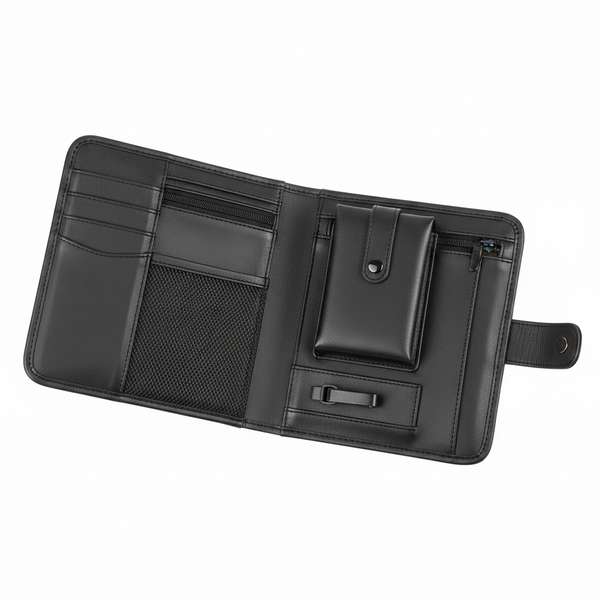 Black Premium Leather Car Sun Visor Organizer Secure Zippered Storage Pouch With Card Document & Eyewear Clip Sun Visors