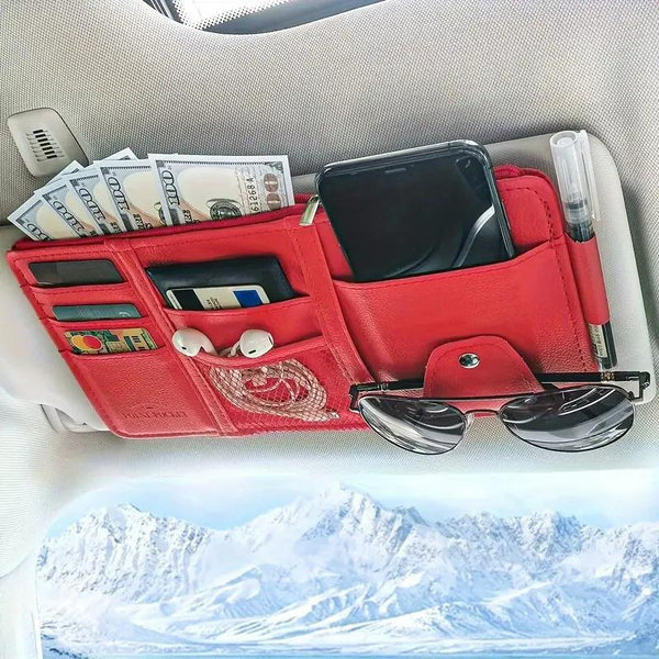 Red Premium Leather Car Sun Visor Organizer Secure Zippered Storage Pouch With Card Document & Eyewear Clip Sun Visors