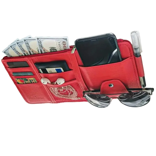 Red Premium Leather Car Sun Visor Organizer Secure Zippered Storage Pouch With Card Document & Eyewear Clip Sun Visors