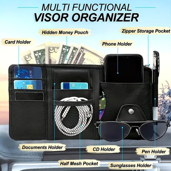 Red Premium Leather Car Sun Visor Organizer Secure Zippered Storage Pouch With Card Document & Eyewear Clip Sun Visors