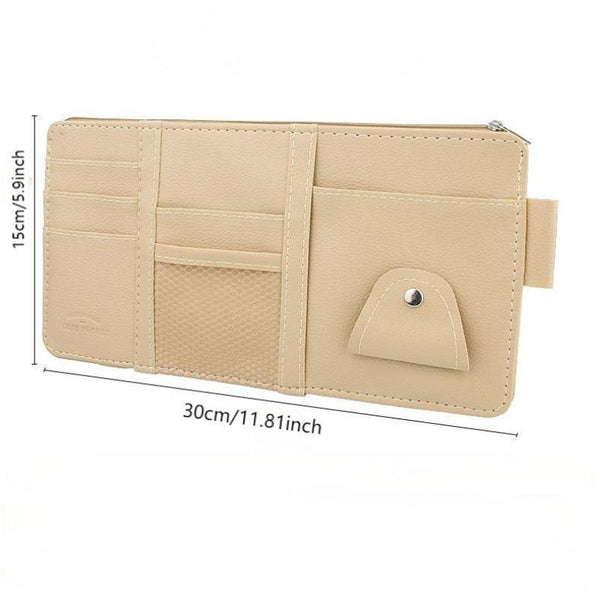 Red Premium Leather Car Sun Visor Organizer Secure Zippered Storage Pouch With Card Document & Eyewear Clip Sun Visors