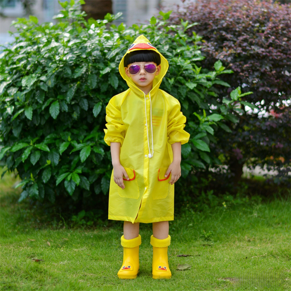 Kids Cartoon Rain Gear Set Eco Friendly Odorless Yellow Duck Raincoat & Matching 16Cm Boots With Detachable Warm Cotton Liner Raincoats