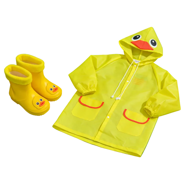 Kids Cartoon Rain Gear Set Eco Friendly Odorless Yellow Duck Raincoat & Matching 18Cm Boots With Detachable Warm Cotton Liner Raincoats