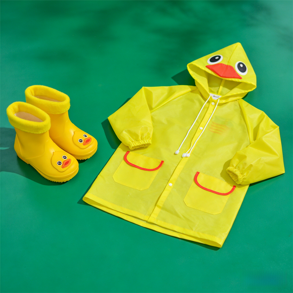 Kids Cartoon Rain Gear Set Eco Friendly Odorless Yellow Duck Raincoat & Matching 20Cm Boots With Detachable Warm Cotton Liner Raincoats
